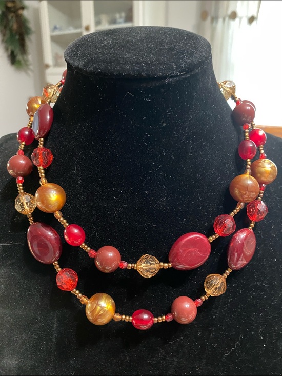 Jewelry - Unbranded Red and Gold Multi-Bead Statement Necklace